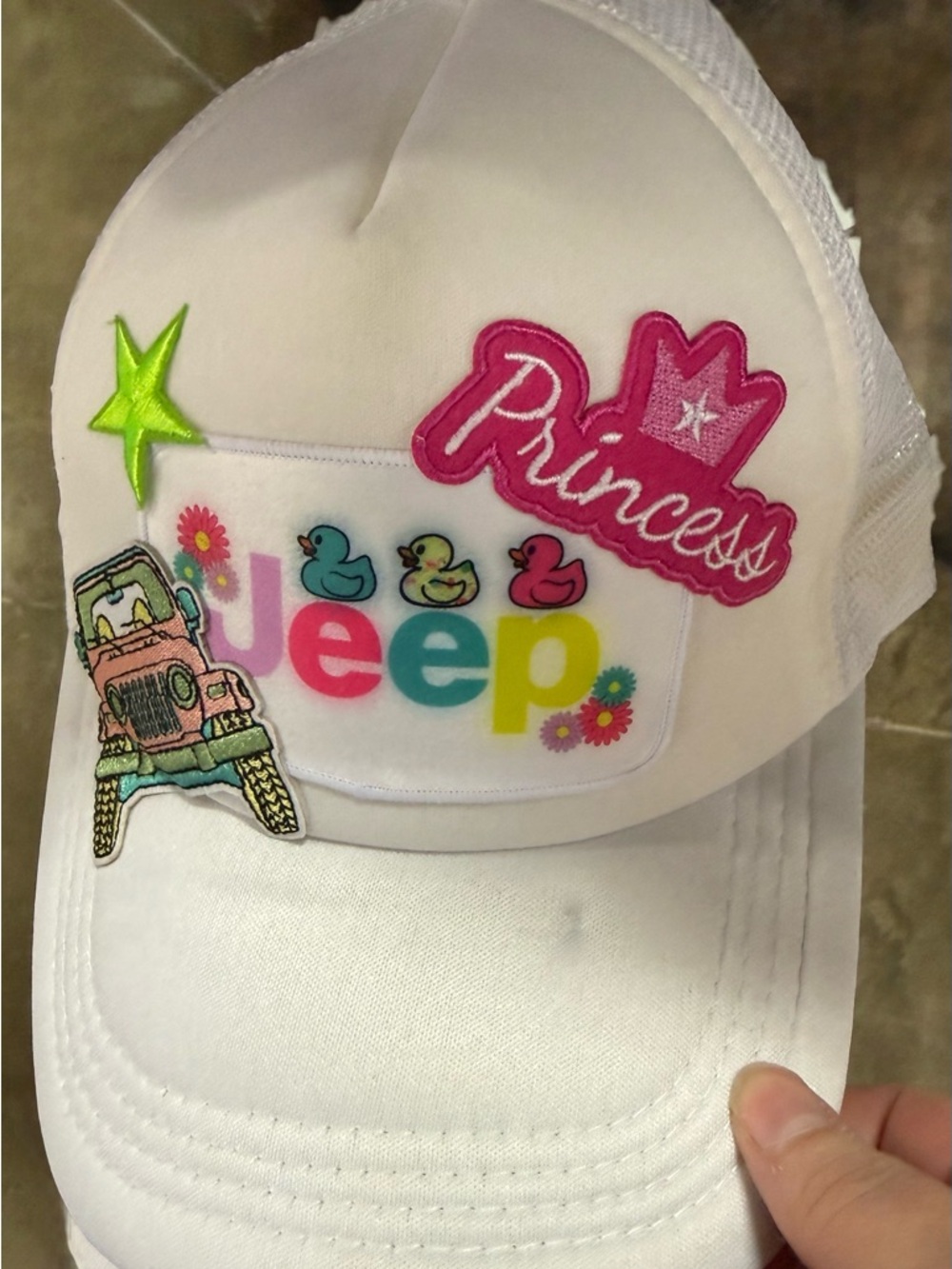 White Trucker Hat with Colorful Jeep & Princess Patches